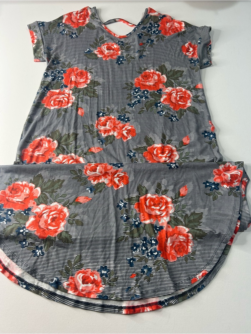 LuLaRoe Small Navy Striped Maxi Dress with Coral Rose Print